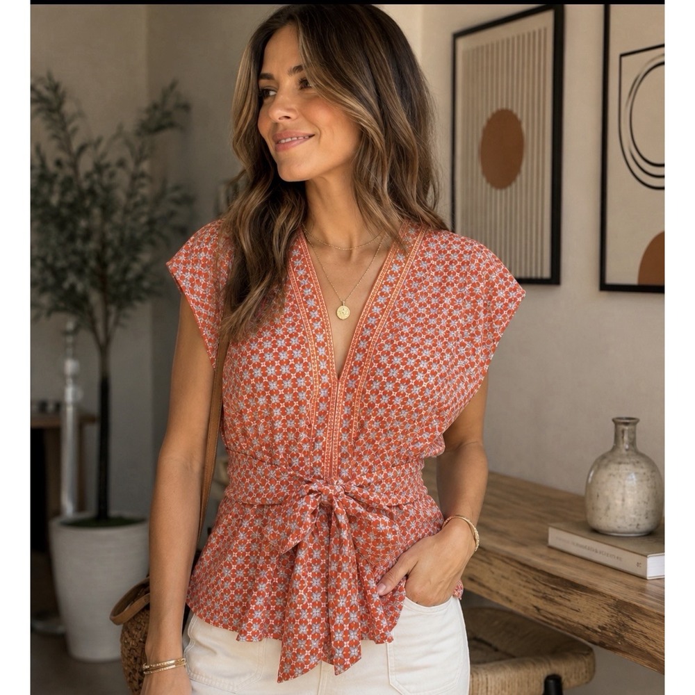 Max Studio Peplum Top Blouse S Button Front Tie Front Cap Sleeve Career Office